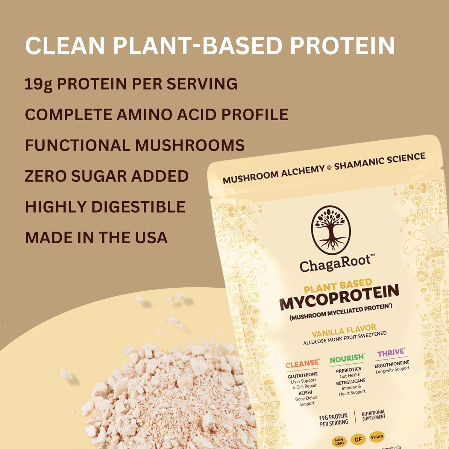 Vanilla ChagaRoot Mycoprotein Mushroom Protein Powder - Vegan Plant Based Superfood Blend with Chaga, Reishi, Turkey Tail, Shiitake, Lions Mane - 1.76 lb