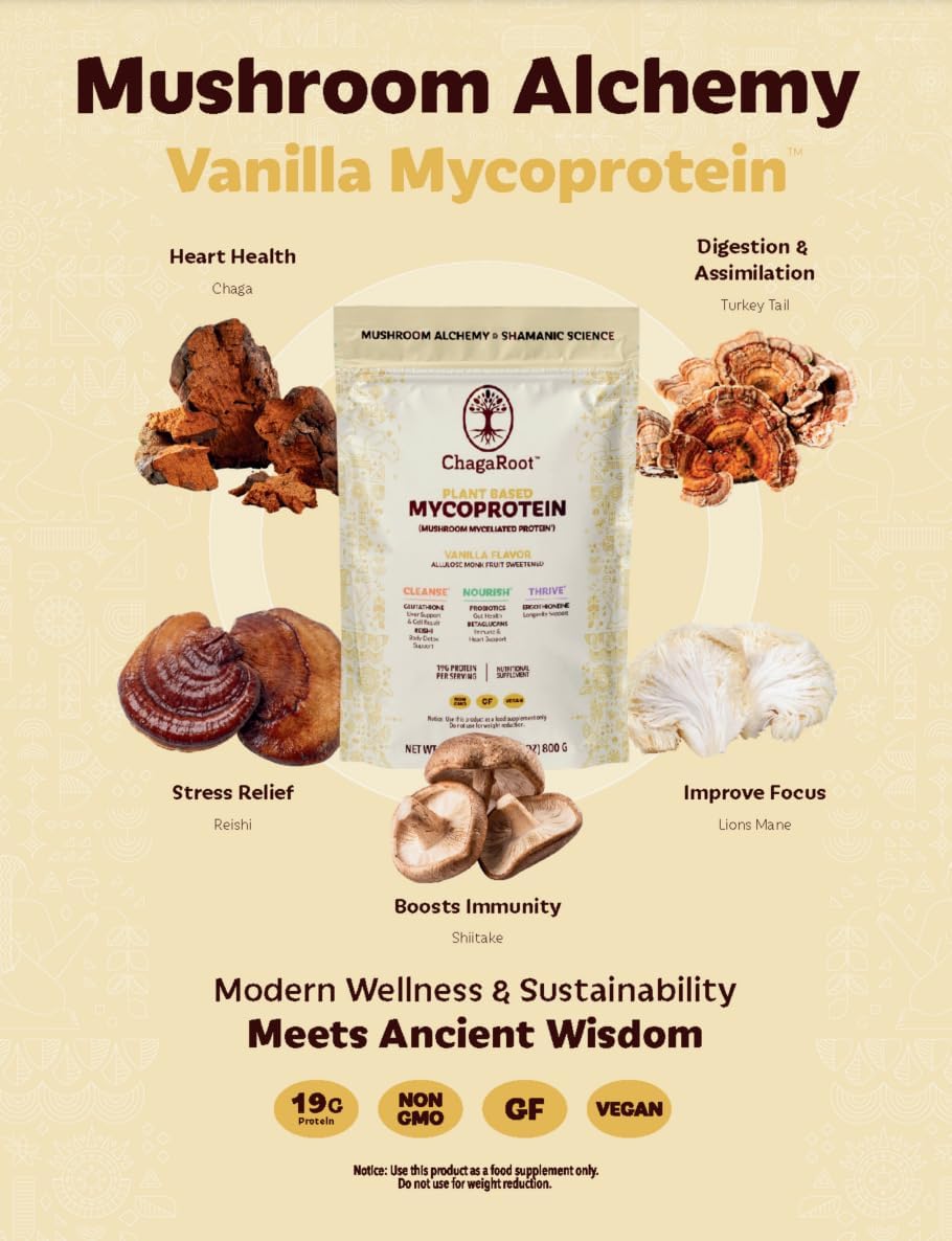 Vanilla ChagaRoot Mycoprotein Mushroom Protein Powder - Vegan Plant Based Superfood Blend with Chaga, Reishi, Turkey Tail, Shiitake, Lions Mane - 1.76 lb