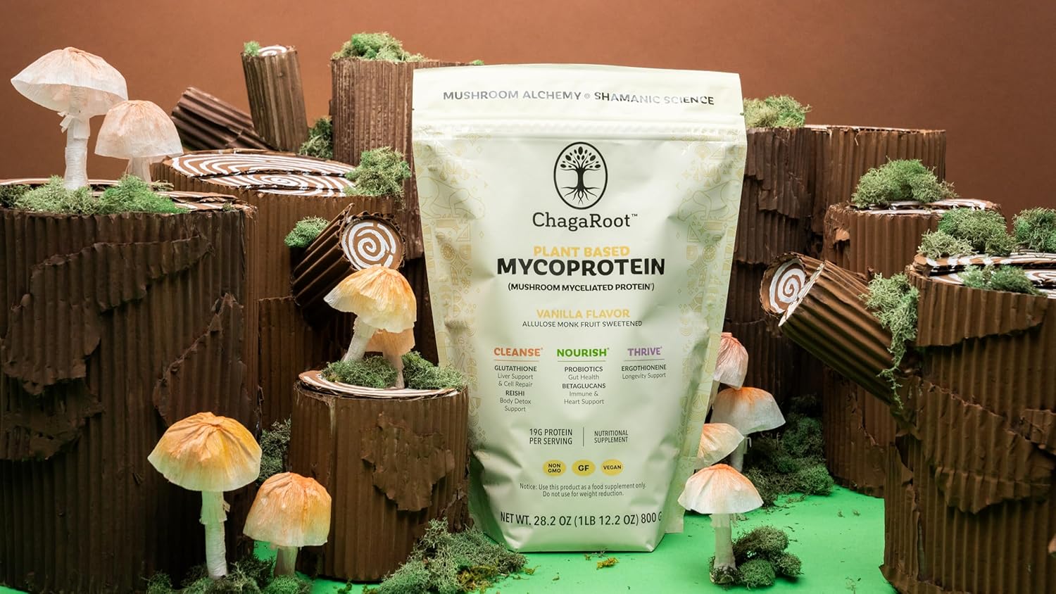 Vanilla ChagaRoot Mycoprotein Mushroom Protein Powder - Vegan Plant Based Superfood Blend with Chaga, Reishi, Turkey Tail, Shiitake, Lions Mane - 1.76 lb