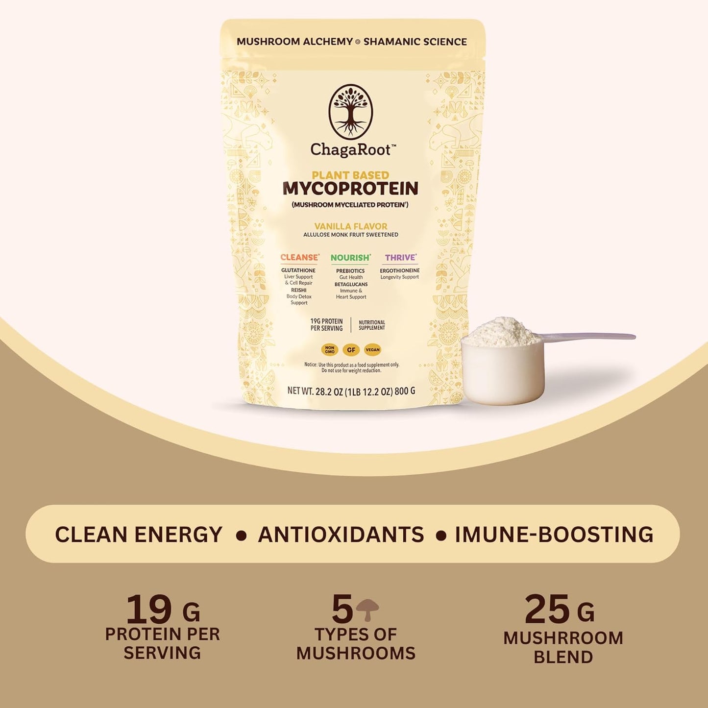 Vanilla ChagaRoot Mycoprotein Mushroom Protein Powder - Vegan Plant Based Superfood Blend with Chaga, Reishi, Turkey Tail, Shiitake, Lions Mane - 1.76 lb