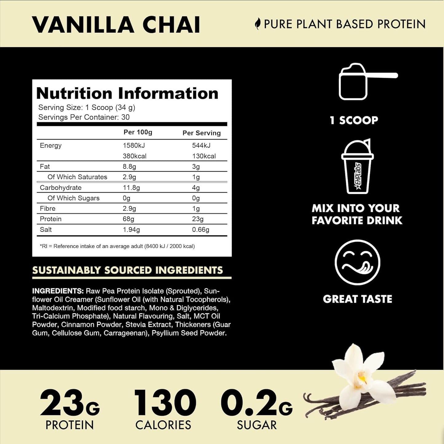 Vanilla Chai Vegan Protein Powder - Dairy, Gluten, and Soy Free Plant Based Meal Replacement Shake with 23g of Pea Protein - 30 Servings