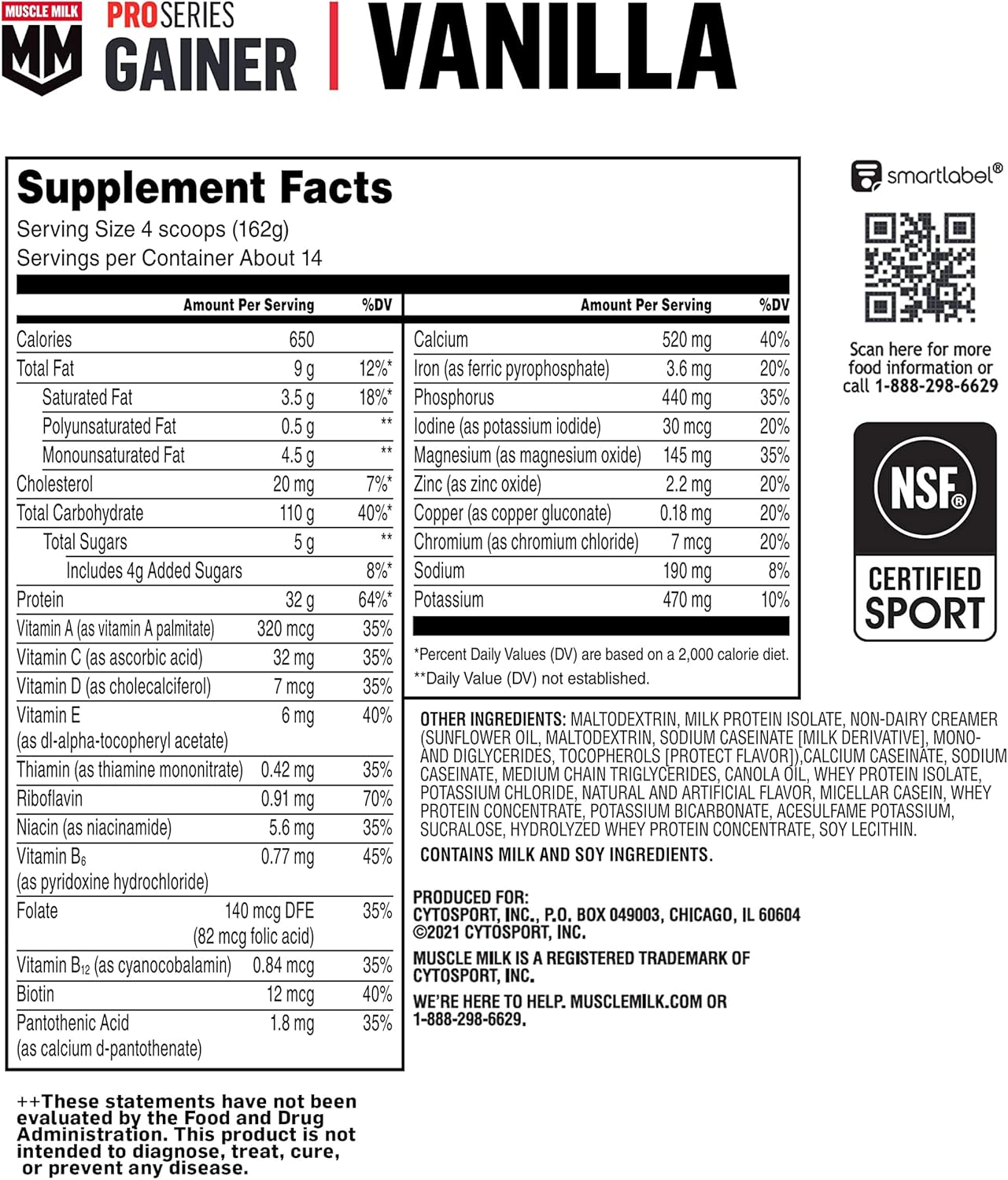 Vanilla Creme Muscle Milk Gainer Protein Powder - 32g Protein - 5 Pound Canister