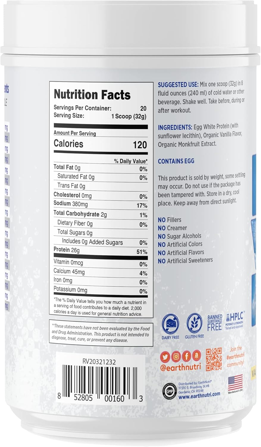 Vanilla Egg White Protein Powder for Muscle Growth Support, 26g of Protein, Pre, Intra, or Post Workout, 20 Servings