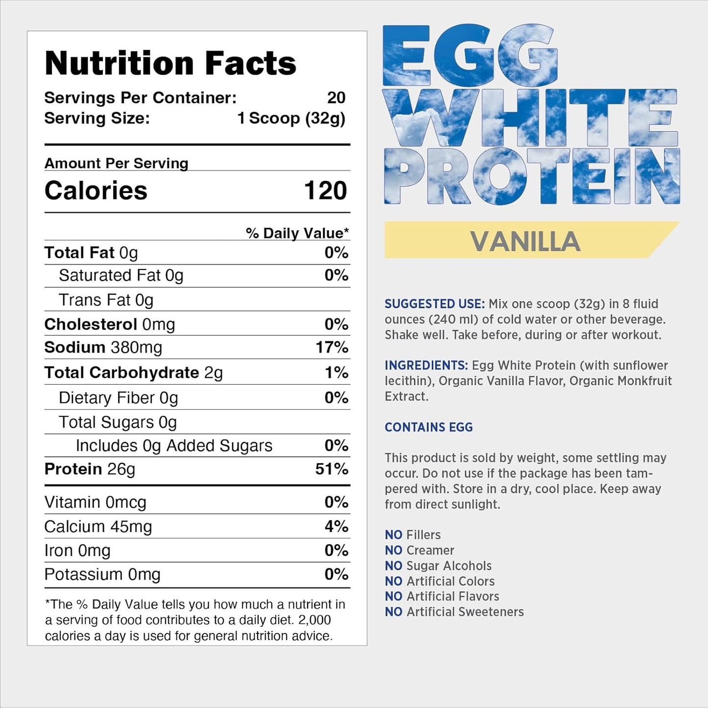 Vanilla Egg White Protein Powder for Muscle Growth Support, 26g of Protein, Pre, Intra, or Post Workout, 20 Servings