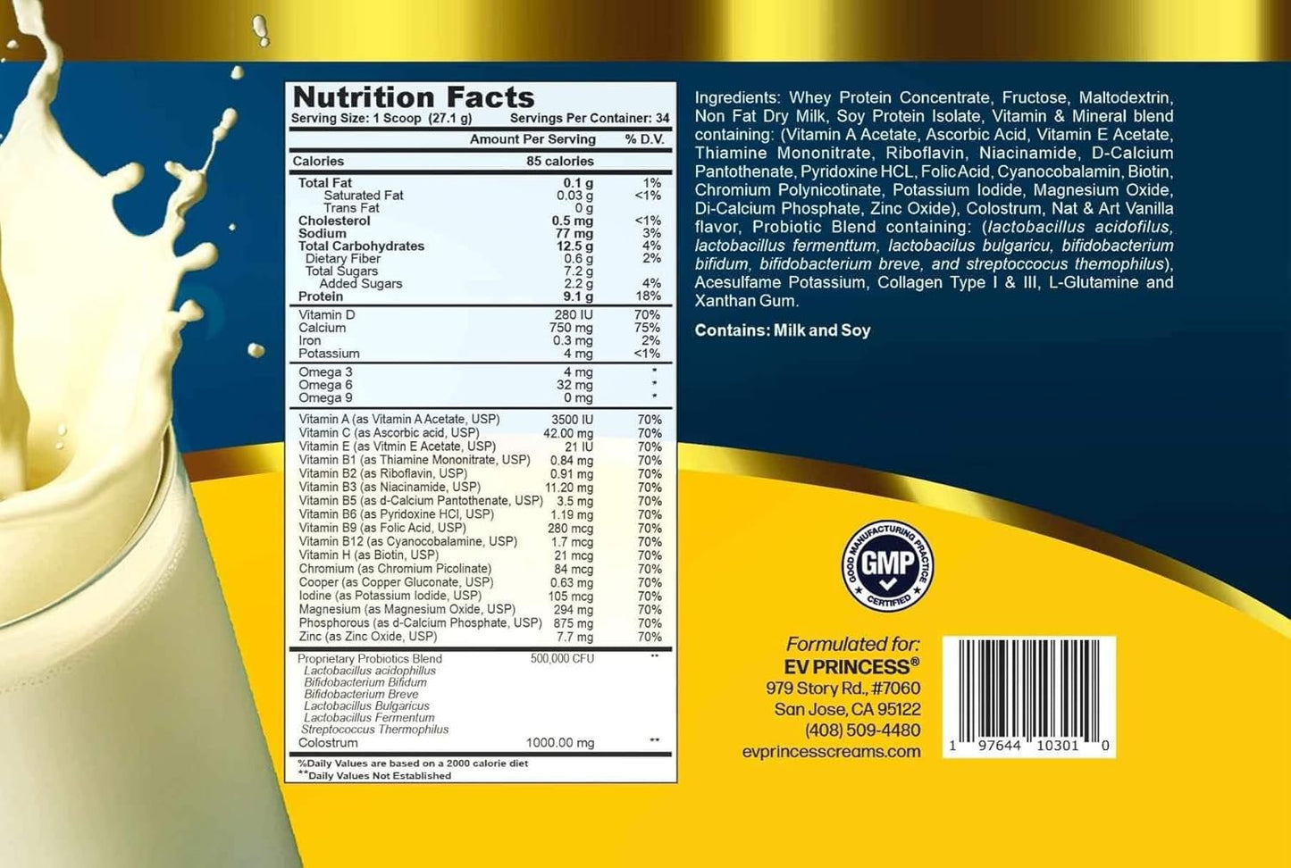 Vanilla EV Princess Meal Replacement Shake - 34 Servings - With 21 Vitamins, Whey Protein, and Probiotics - Ideal for Men and Women