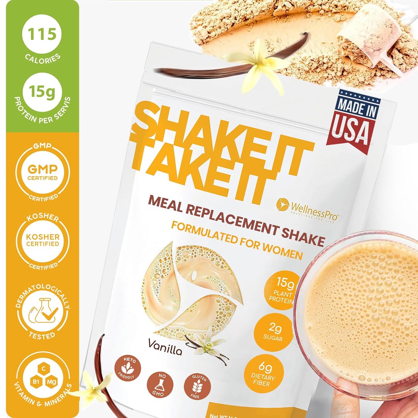 Vanilla Flavored Keto-Friendly Meal Replacement Shake for Women with Protein, Pre & Probiotics - 16.9 oz, Kosher Certified