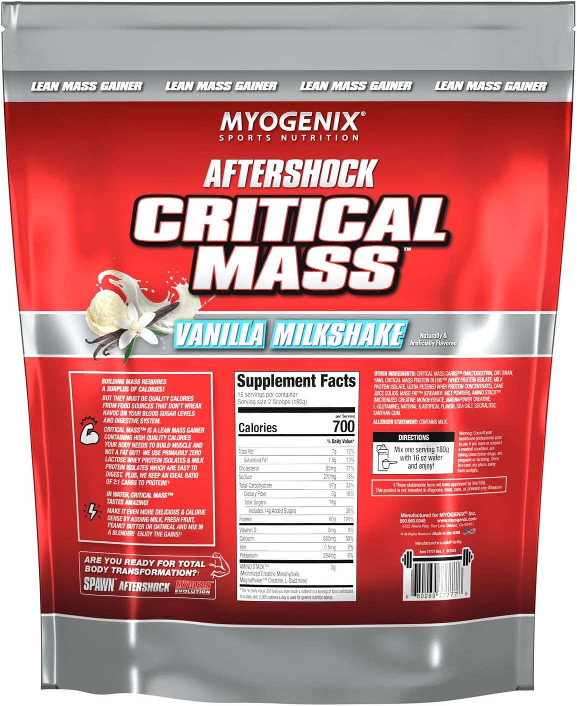 Vanilla Flavored Myogenix Critical Mass Protein Powder for Muscle Mass Weight Gain - 6.01 lbs