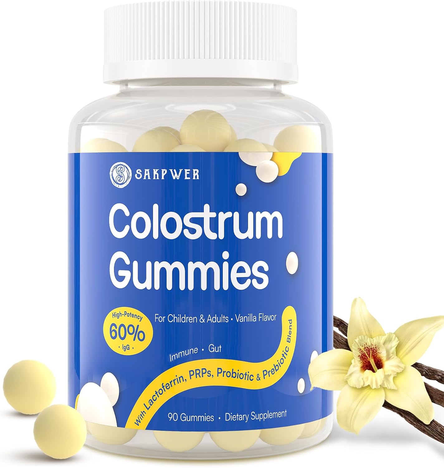 Vanilla Flavored Sugar-Free Bovine Colostrum Gummies with 60% IgG - Probiotics & Prebiotics for Adults & Kids - 90 Gummies
