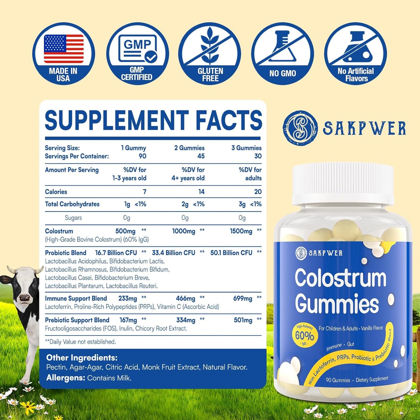 Vanilla Flavored Sugar-Free Bovine Colostrum Gummies with 60% IgG - Probiotics & Prebiotics for Adults & Kids - 90 Gummies