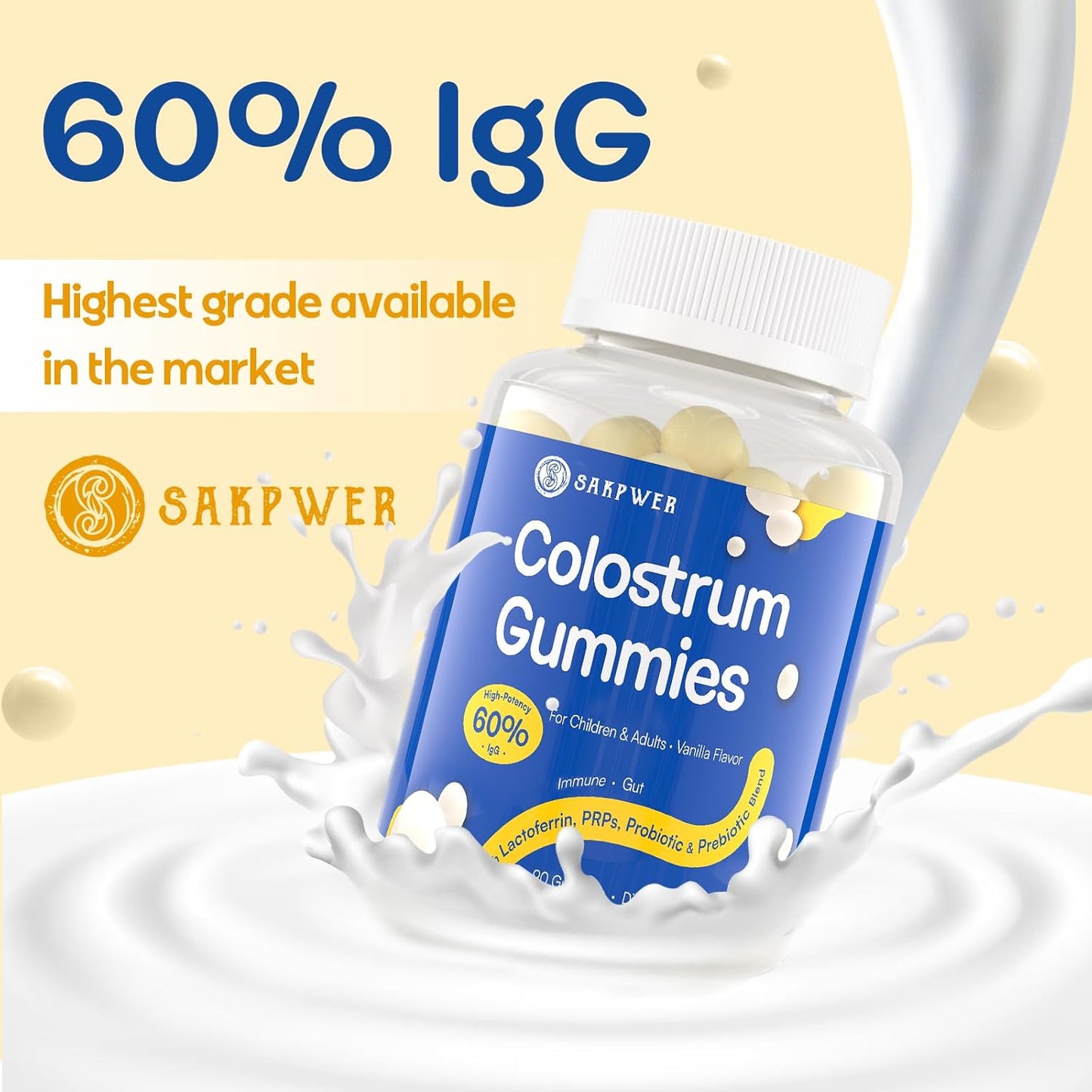 Vanilla Flavored Sugar-Free Bovine Colostrum Gummies with 60% IgG - Probiotics & Prebiotics for Adults & Kids - 90 Gummies