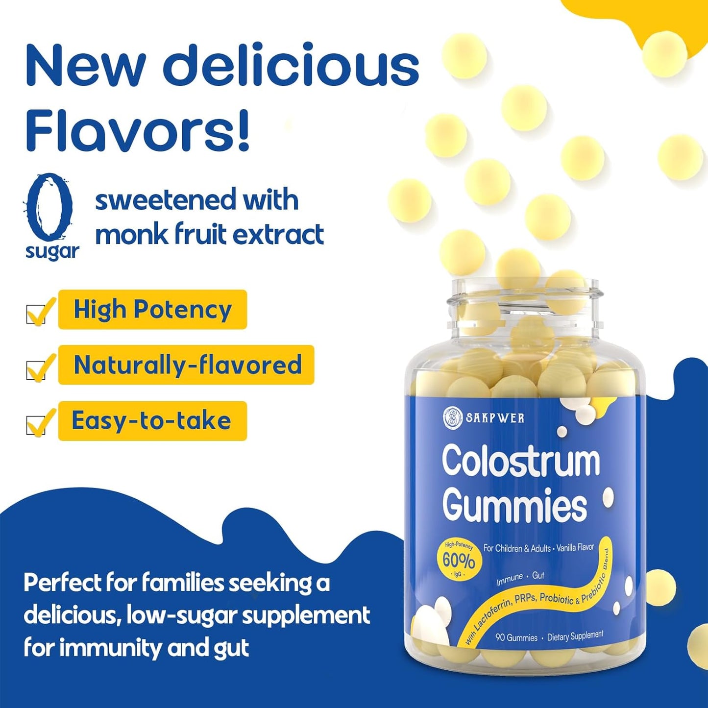 Vanilla Flavored Sugar-Free Bovine Colostrum Gummies with 60% IgG - Probiotics & Prebiotics for Adults & Kids - 90 Gummies