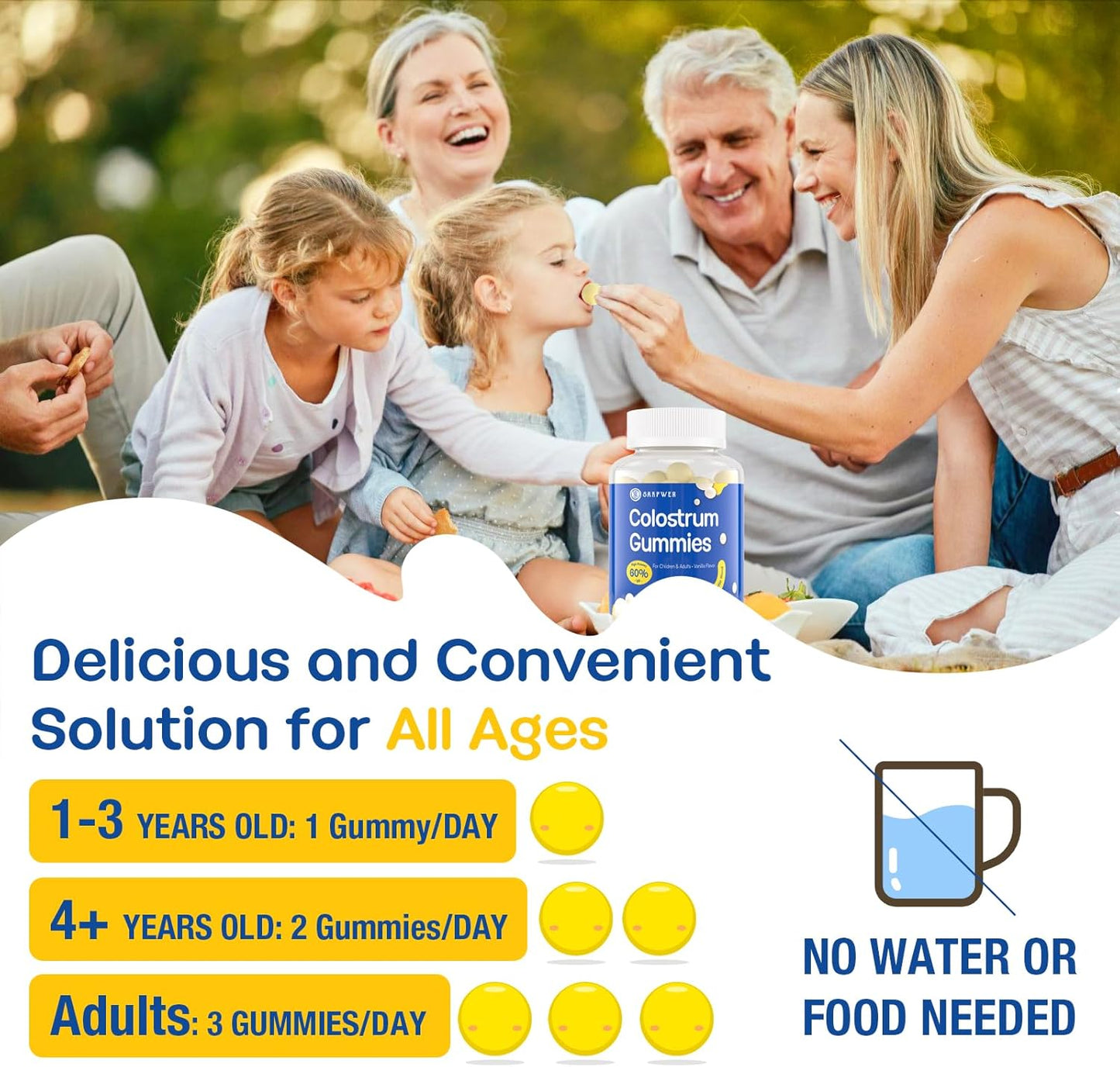 Vanilla Flavored Sugar-Free Bovine Colostrum Gummies with 60% IgG - Probiotics & Prebiotics for Adults & Kids - 90 Gummies