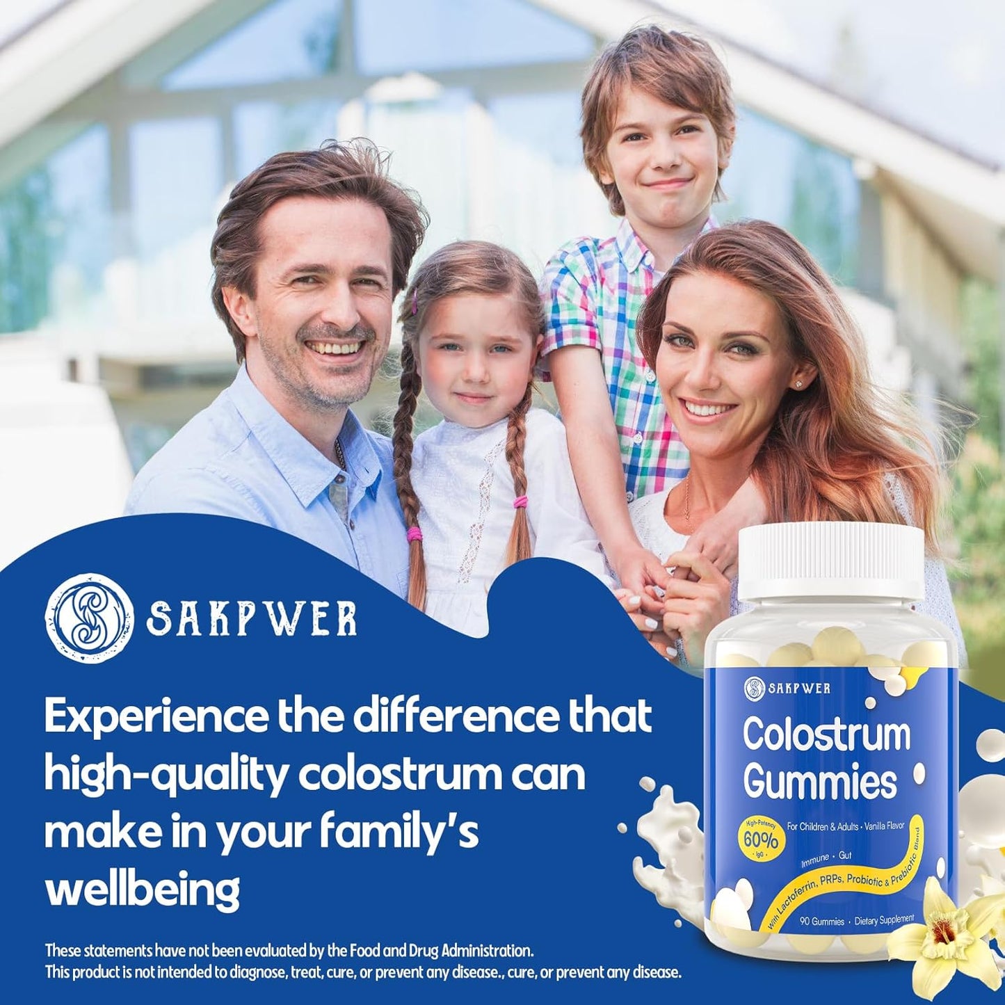 Vanilla Flavored Sugar-Free Bovine Colostrum Gummies with 60% IgG - Probiotics & Prebiotics for Adults & Kids - 90 Gummies