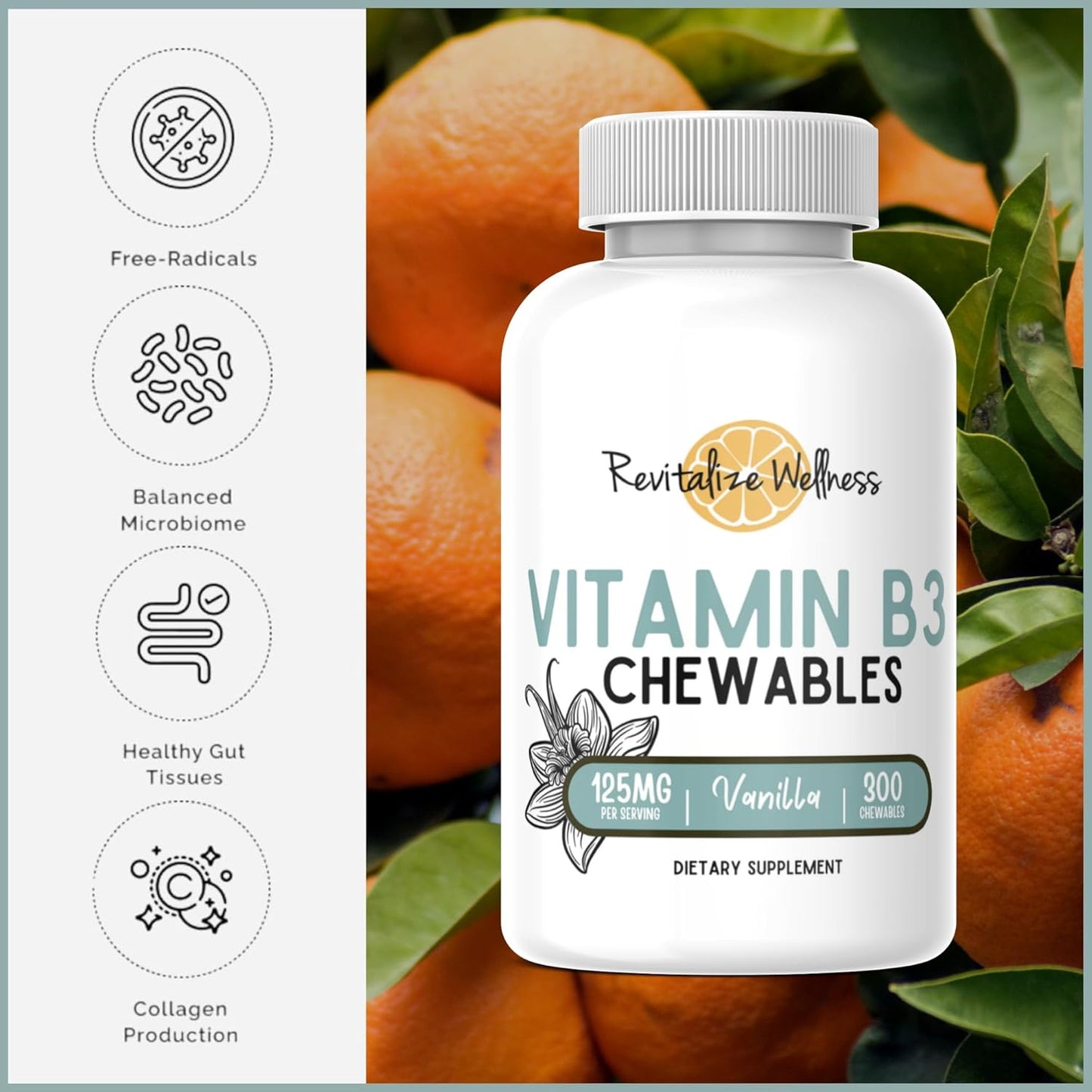 Vanilla Flavored Vitamin B3 Chewables - 125 mg per Serving - 300 Servings for Revitalized Wellness