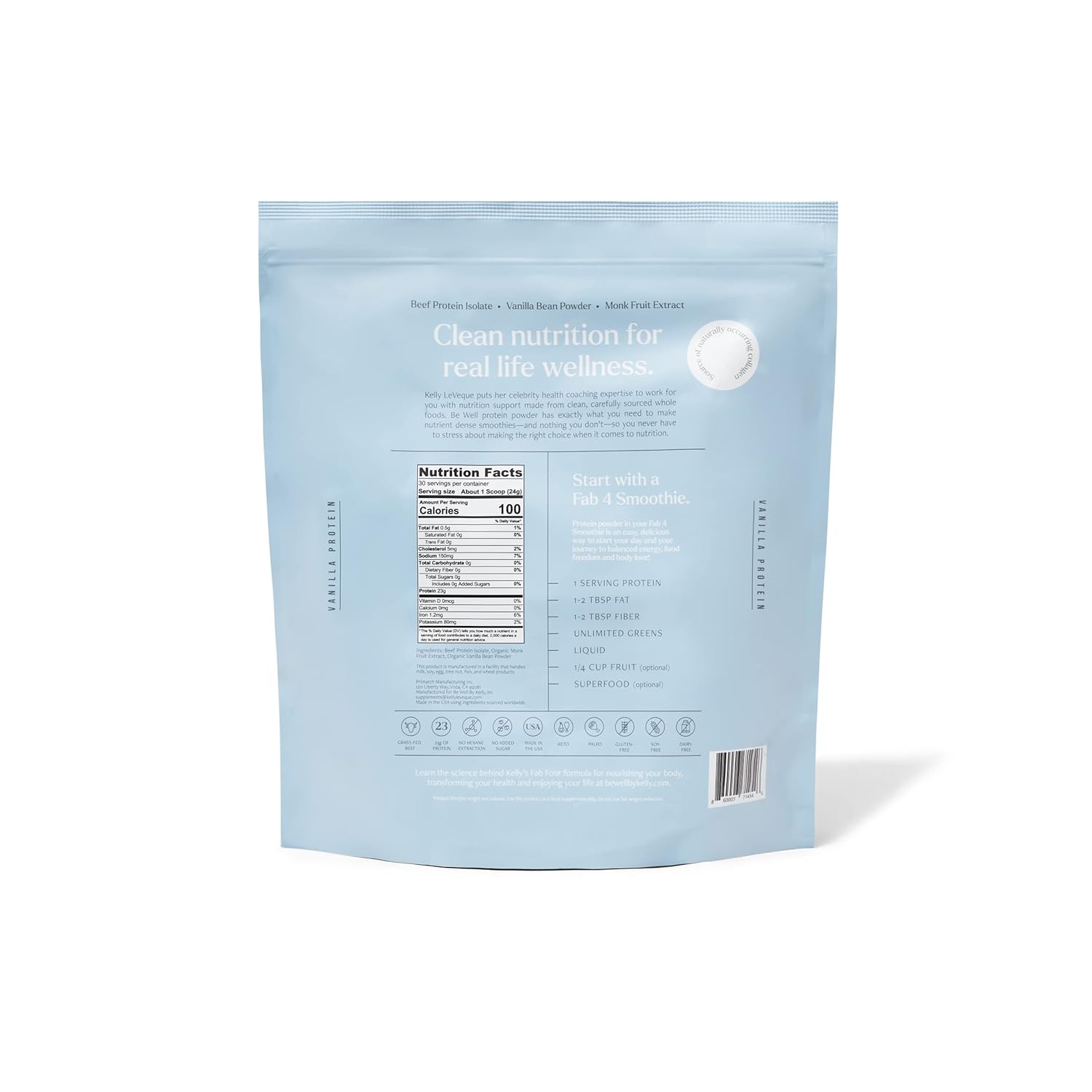 Vanilla Grass-Fed Beef Protein Powder by Kelly LeVeque: 23g Protein, 0 Carbs, 9 Amino Acids, 3 Ingredients - 30 Servings, 1.87lb