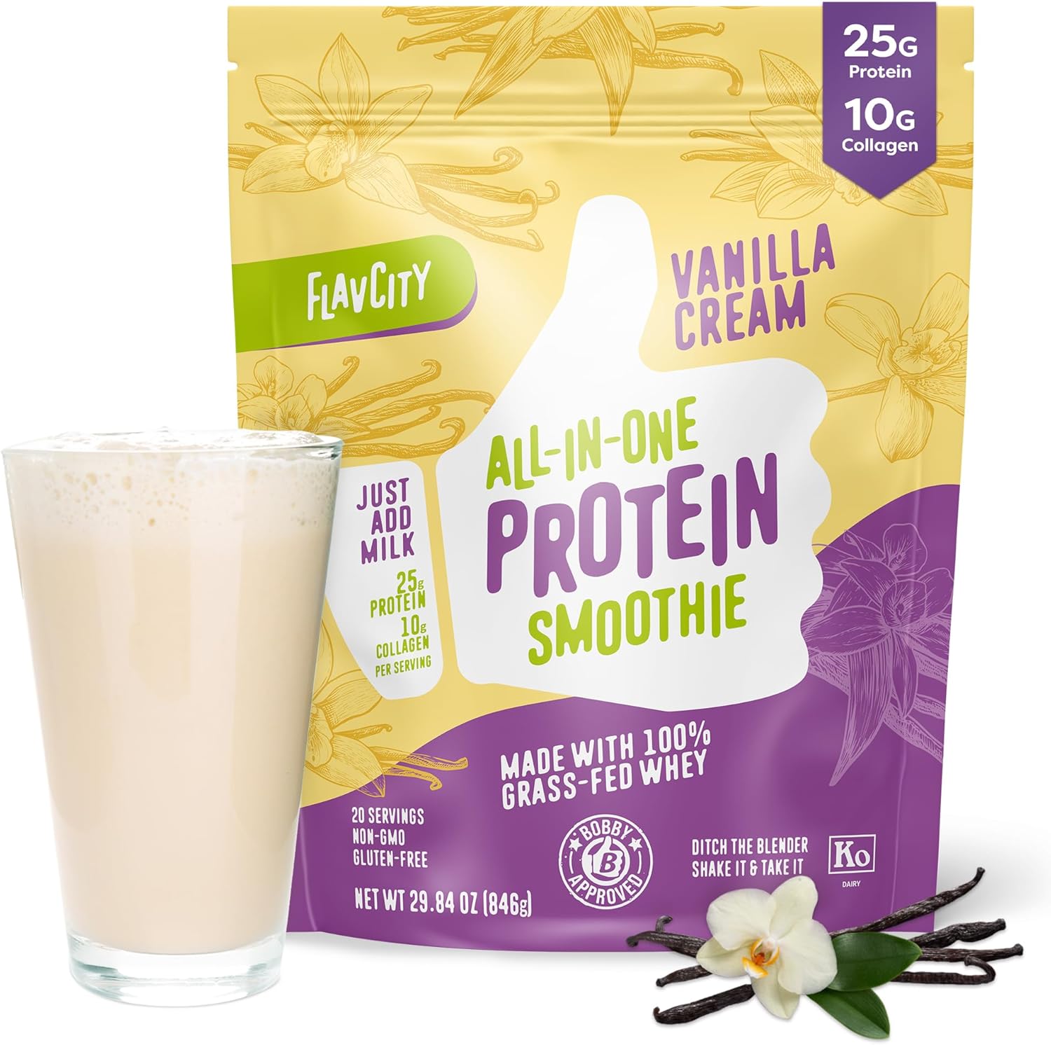 Vanilla Grass-Fed Whey Protein Smoothie with Collagen - 25g Protein, Gluten Free, No Added Sugars - 29.84 oz
