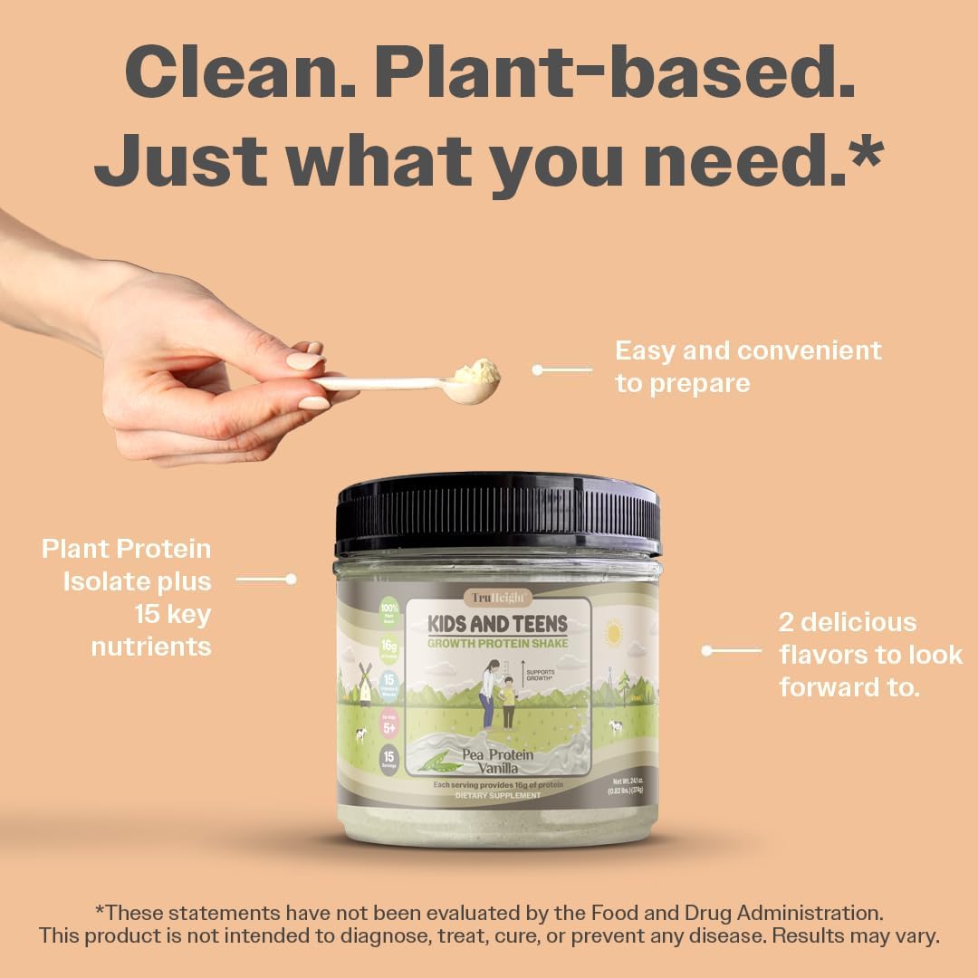 Vanilla Ice Cream Flavored TruHeight Growth Protein Shake - Natural Protein Powder for Kids & Teens (Ages 5+) - Pediatrician-Approved Formula with Vitamins & Minerals