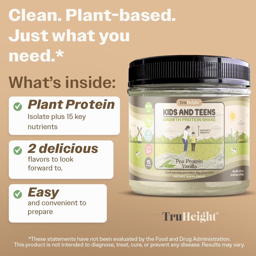 Vanilla Ice Cream Flavored TruHeight Growth Protein Shake - Natural Protein Powder for Kids & Teens (Ages 5+) - Pediatrician-Approved Formula with Vitamins & Minerals