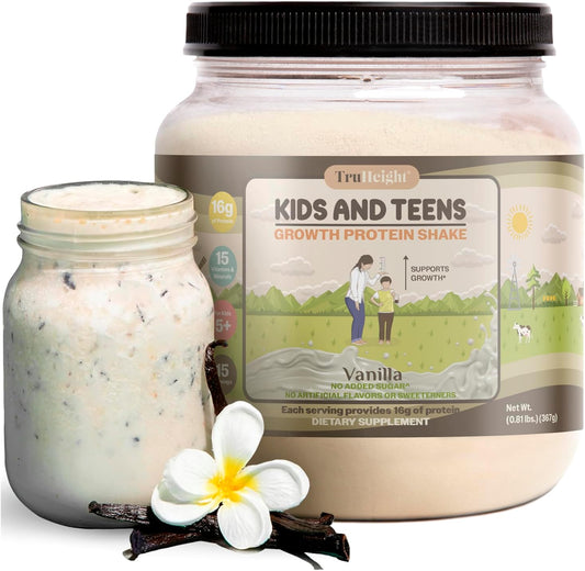 Vanilla Ice Cream TruHeight Growth Protein Shake for Kids & Teens - Pediatrician-Endorsed Natural Protein Powder with Vitamins & Minerals for Ages 5+
