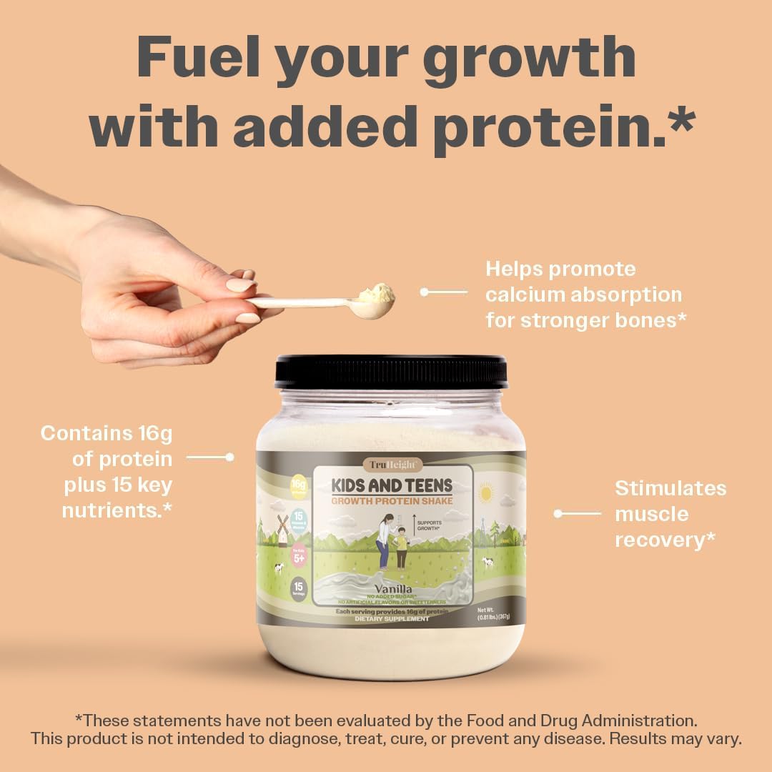 Vanilla Ice Cream TruHeight Growth Protein Shake for Kids & Teens - Pediatrician-Endorsed Natural Protein Powder with Vitamins & Minerals for Ages 5+