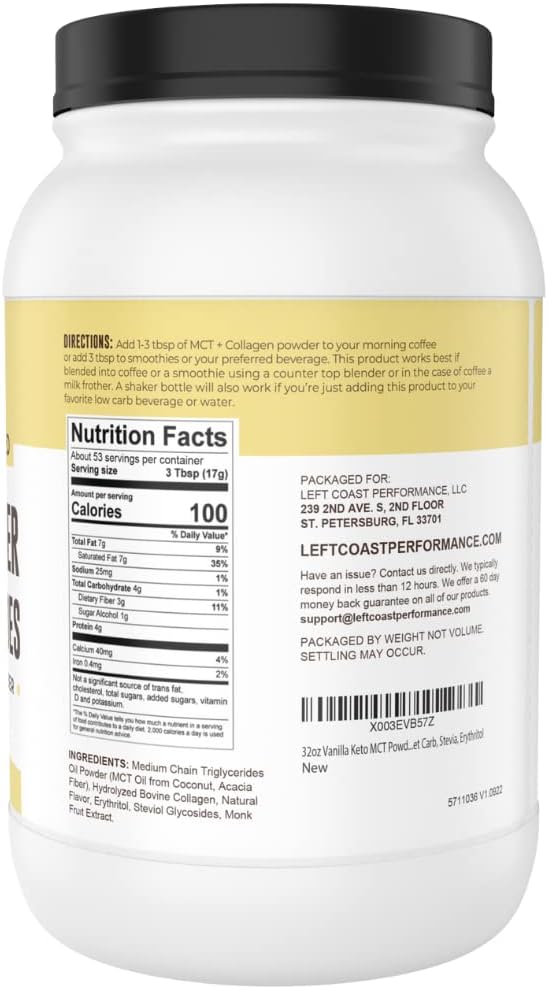 Vanilla Keto MCT Powder with Collagen and Prebiotic Fiber - Grass Fed, 0 Net Carb, Stevia Sweetened