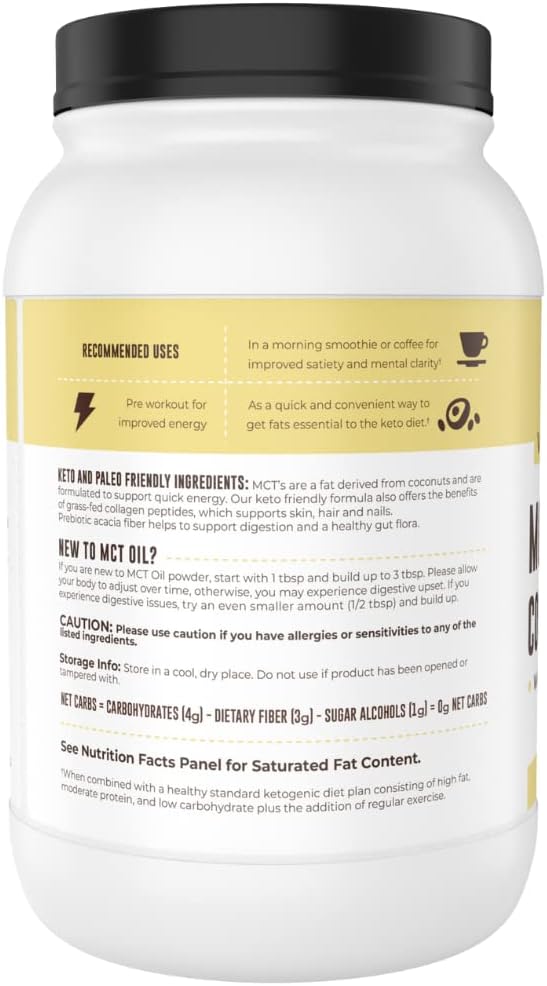 Vanilla Keto MCT Powder with Collagen and Prebiotic Fiber - Grass Fed, 0 Net Carb, Stevia Sweetened