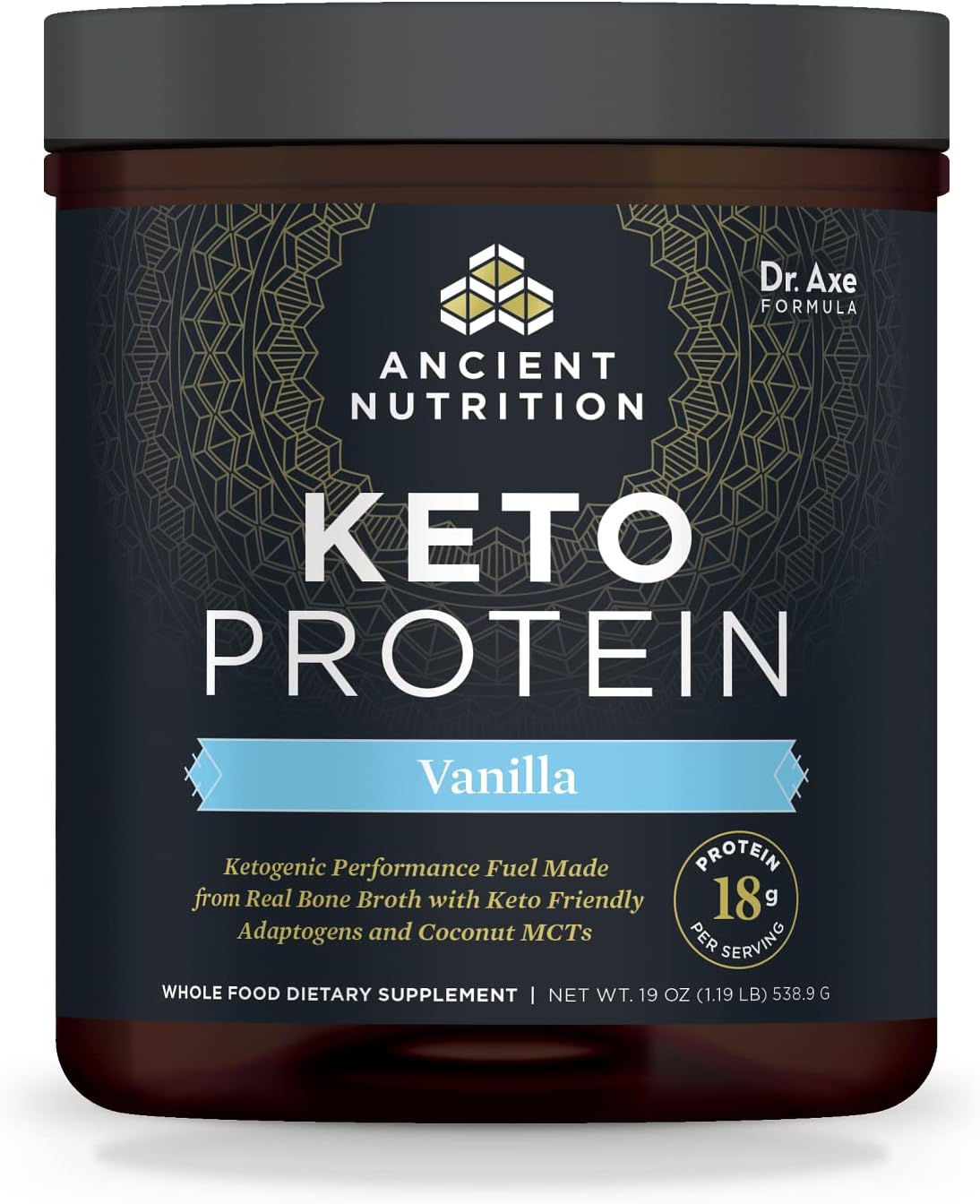Vanilla Keto Protein Powder with Bone Broth & MCT Oil, 18g Protein, 11g Fat, Gluten Free - 17 Servings