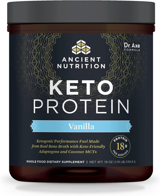 Vanilla Keto Protein Powder with Bone Broth & MCT Oil, 18g Protein, 11g Fat, Gluten Free - 17 Servings