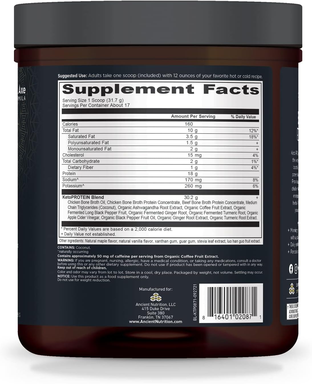 Vanilla Keto Protein Powder with Bone Broth & MCT Oil, 18g Protein, 11g Fat, Gluten Free - 17 Servings