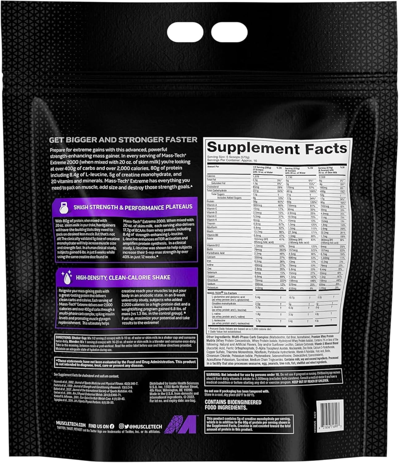 Vanilla Mass-Tech Extreme 2000 Protein Powder for Women & Men, Muscle Builder with Whey Protein, Creatine, and Carbs, 20 lbs