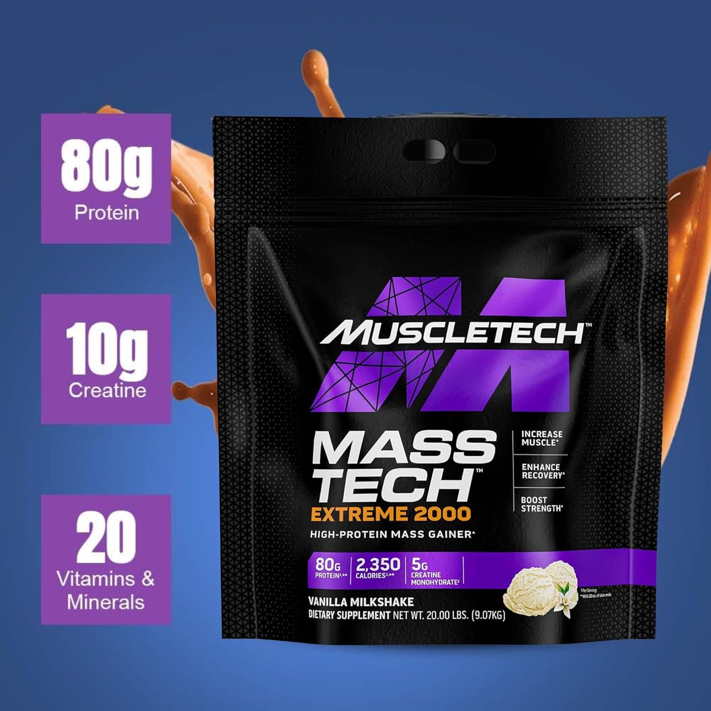 Vanilla Mass-Tech Extreme 2000 Protein Powder for Women & Men, Muscle Builder with Whey Protein, Creatine, and Carbs, 20 lbs
