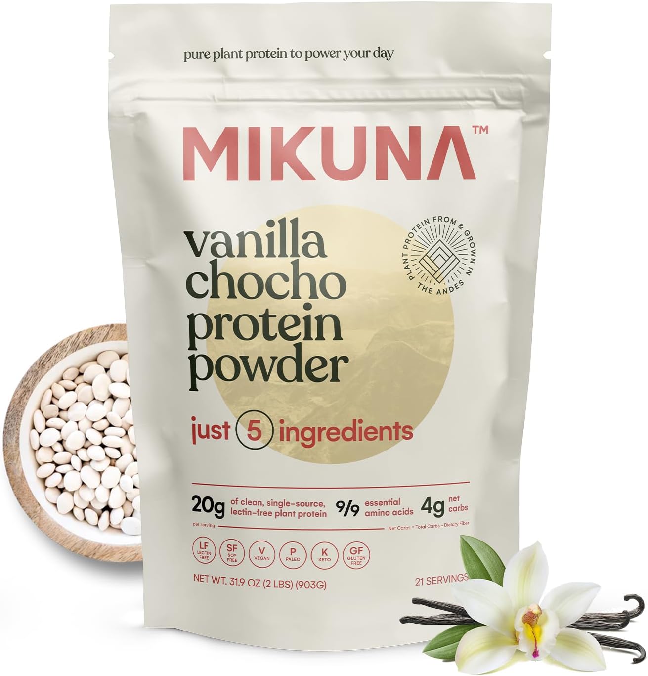Vanilla Mikuna Vegan Protein Powder: Plant-Based Chocho Superfood with Vitamins, Minerals, and Fiber - Dairy, Gluten, Keto, and Lectin Free (21 Servings)
