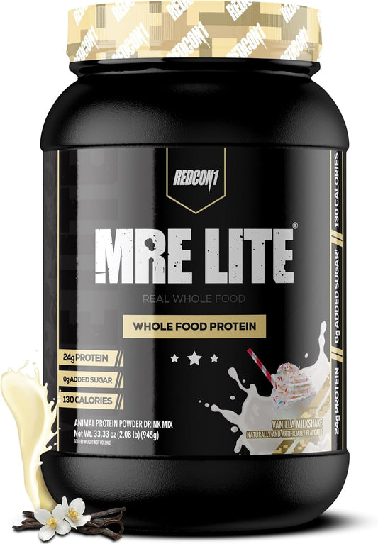 Vanilla Milkshake MRE Lite Protein Powder - Low Carb, Whey Free Meal Replacement with Animal Protein Blends, Easy to Digest - 30 Servings