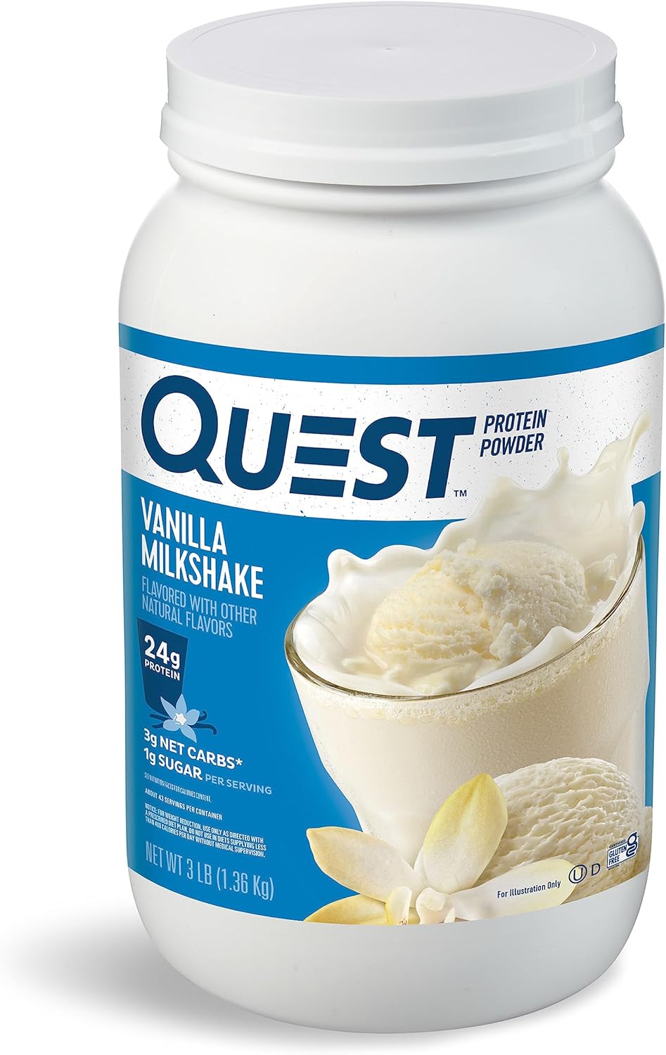 Vanilla Milkshake Protein Powder - 24g Protein, 1g Sugar, Low Carb, Gluten Free - 3lb, 43 Servings
