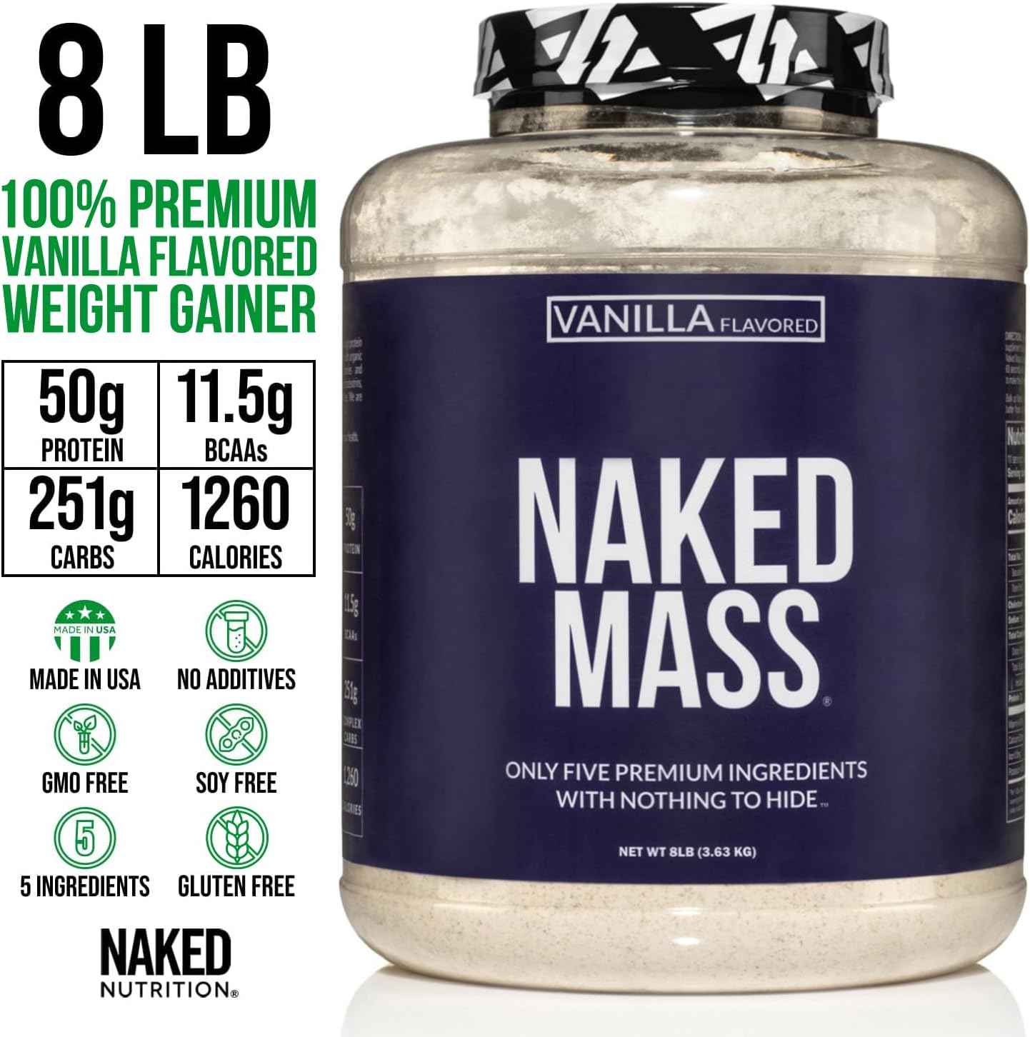 Vanilla Naked Mass Weight Gainer Protein Powder - 8lb Bulk, All Natural, GMO Free, Gluten Free, Soy Free - 1,260 Calories