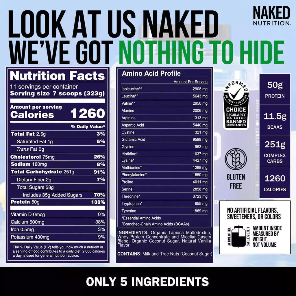 Vanilla Naked Mass Weight Gainer Protein Powder - 8lb Bulk, All Natural, GMO Free, Gluten Free, Soy Free - 1,260 Calories