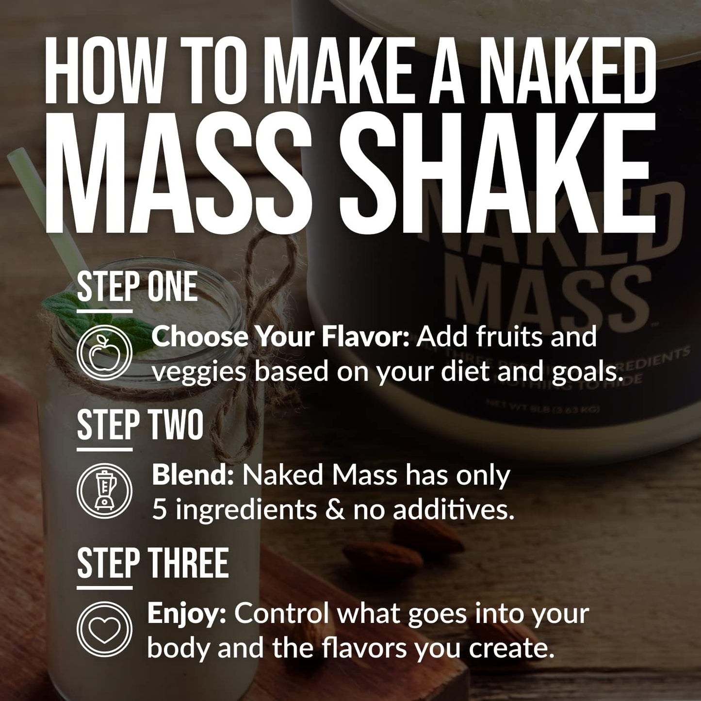 Vanilla Naked Mass Weight Gainer Protein Powder - 8lb Bulk, All Natural, GMO Free, Gluten Free, Soy Free - 1,260 Calories
