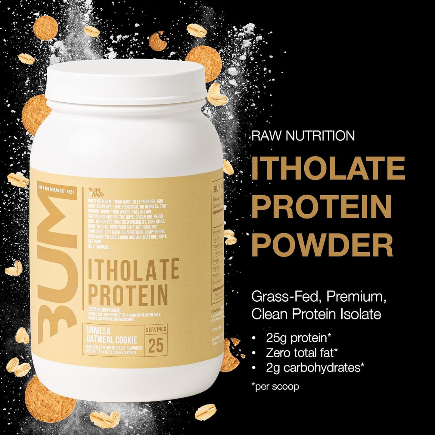 Vanilla Oatmeal Cookie Whey Isolate Protein Powder - Grass-Fed Sports Nutrition for Muscle Growth & Recovery with Low-Fat, Low Carb Formula - 25 Servings
