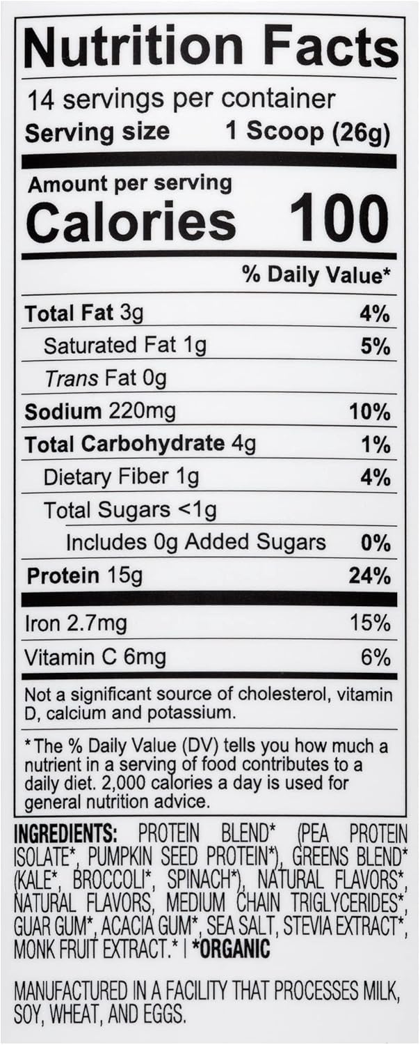 Vanilla Plant Based Protein Powder with Greens for Women - Dairy Free, Non-GMO, Kosher - 14 Servings, 15g Protein per Serving