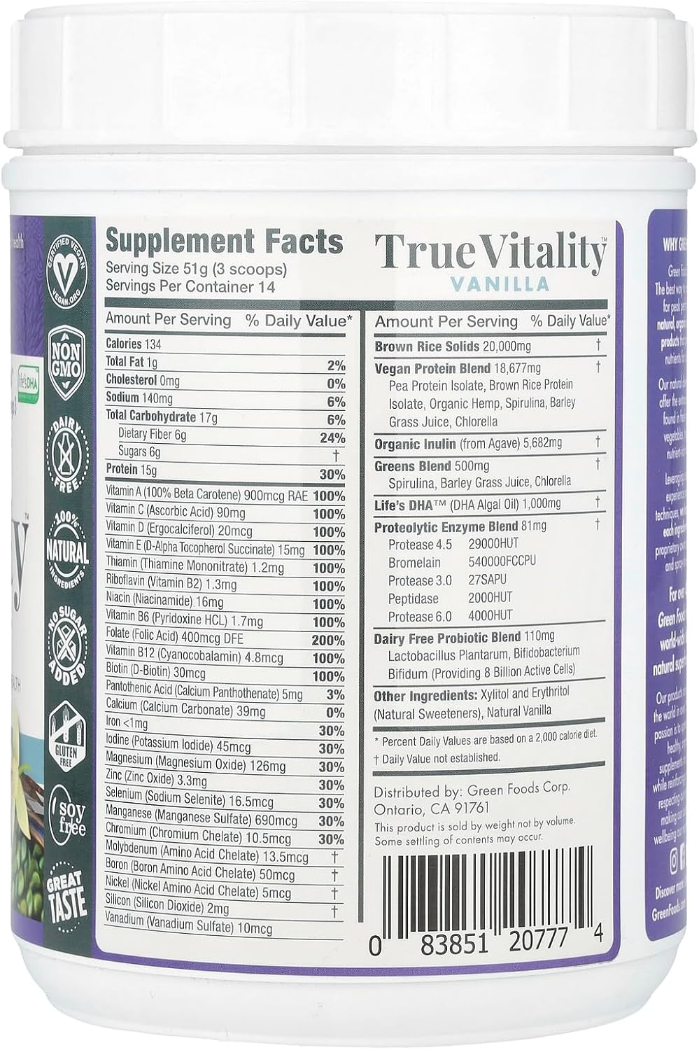 Vanilla Plant Protein Shake - GREVH Green Foods True Vitality - 25.2 Ounce