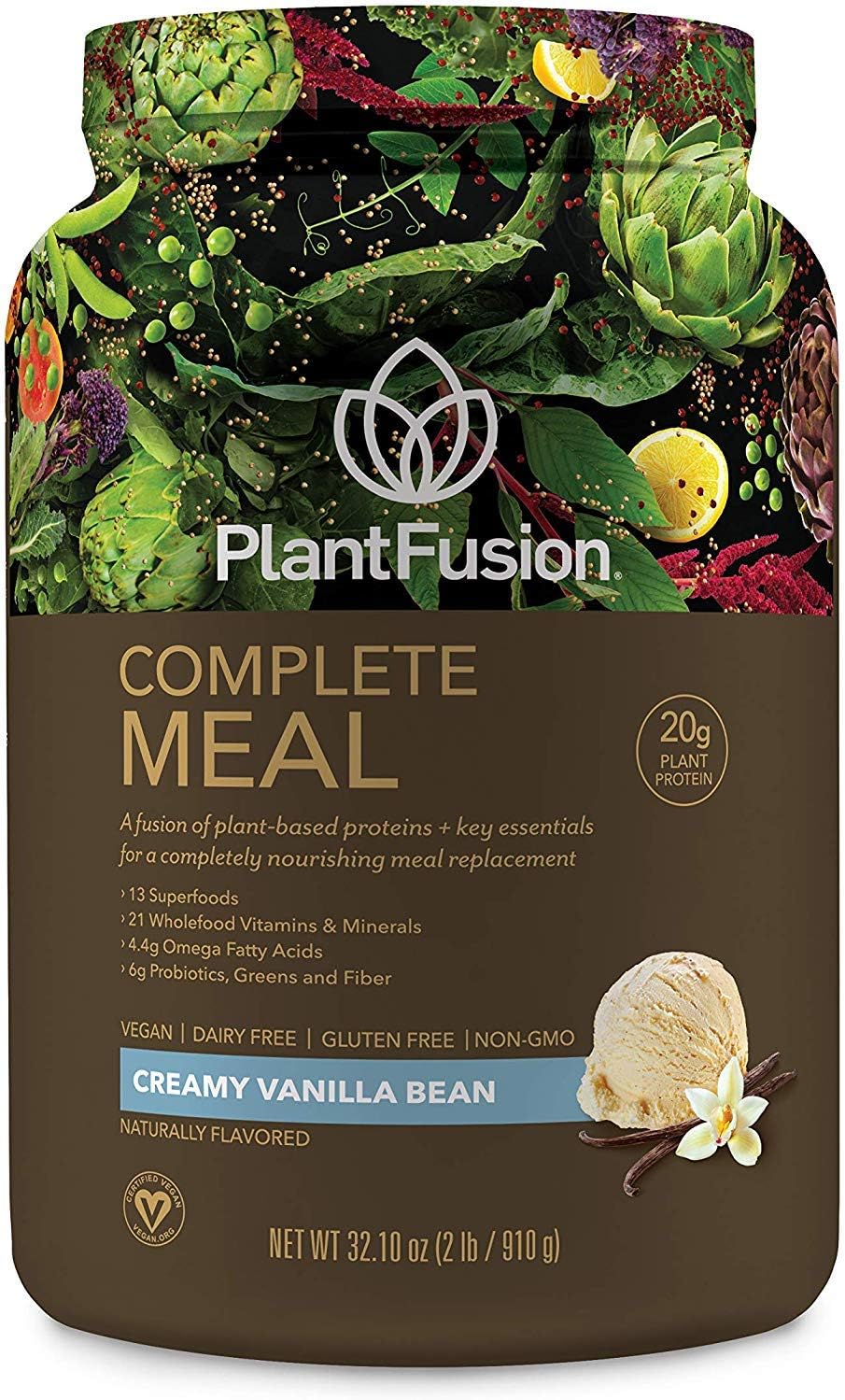 Vanilla PlantFusion Complete Meal Replacement Shake - Plant Based Protein Powder with Superfoods, Greens, and Probiotics - Vegan, Gluten Free, Non-Dairy - 2 lb