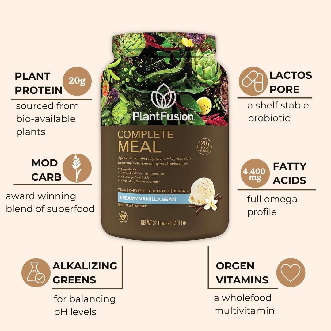 Vanilla PlantFusion Complete Meal Replacement Shake - Plant Based Protein Powder with Superfoods, Greens, and Probiotics - Vegan, Gluten Free, Non-Dairy - 2 lb