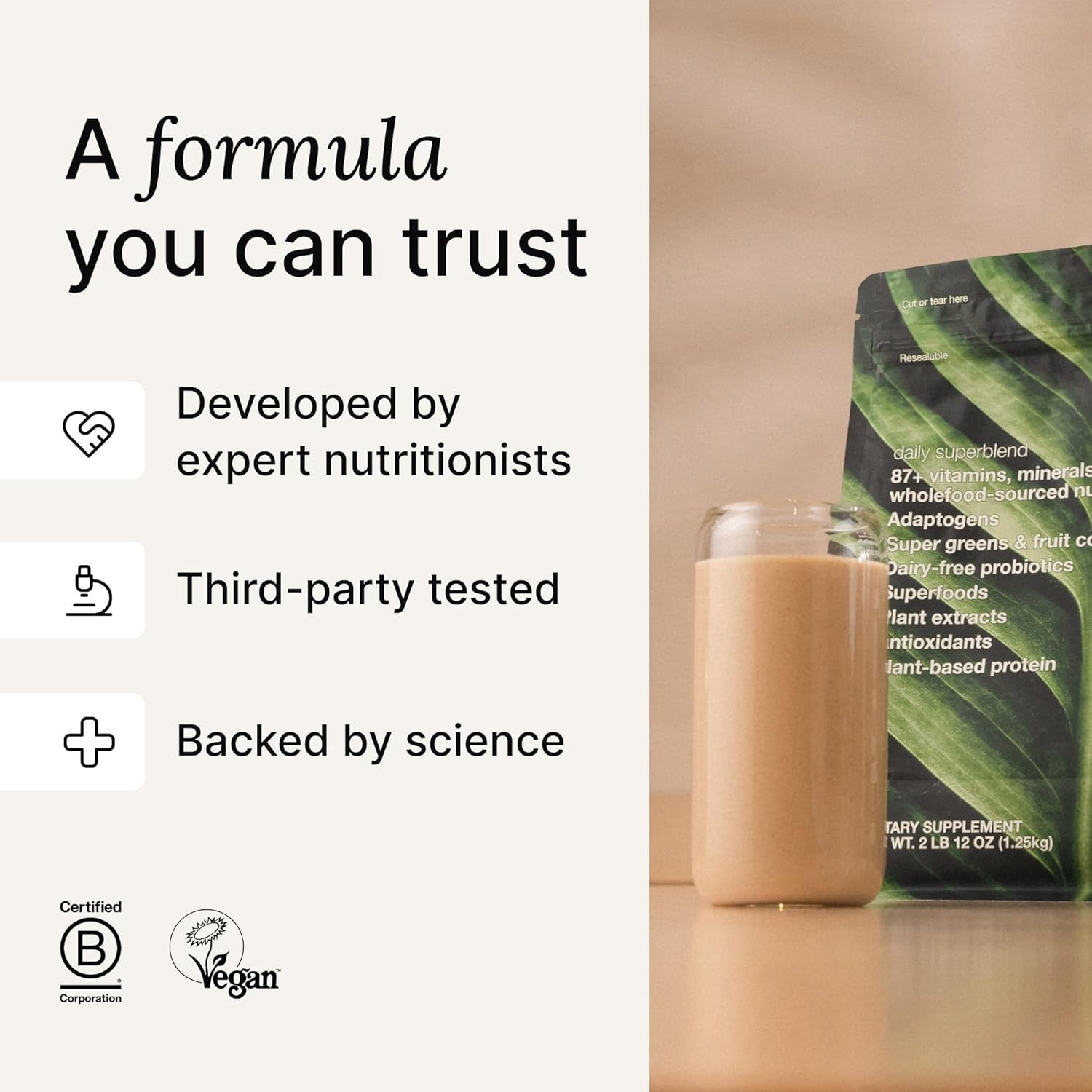 Vanilla Superblend Powder with 25g Plant-Based Protein and Super Greens - 87 Vitamins and Minerals - 19 Servings