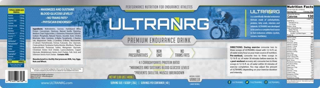 Vanilla ULTRANRG Endurance Drink Mix - 35g, 40 Servings - Liquid Nutrition for Athletes, Regulates Blood Glucose, Prevents Muscle Breakdown - No Preservatives, Non-GMO, No Trans Fats