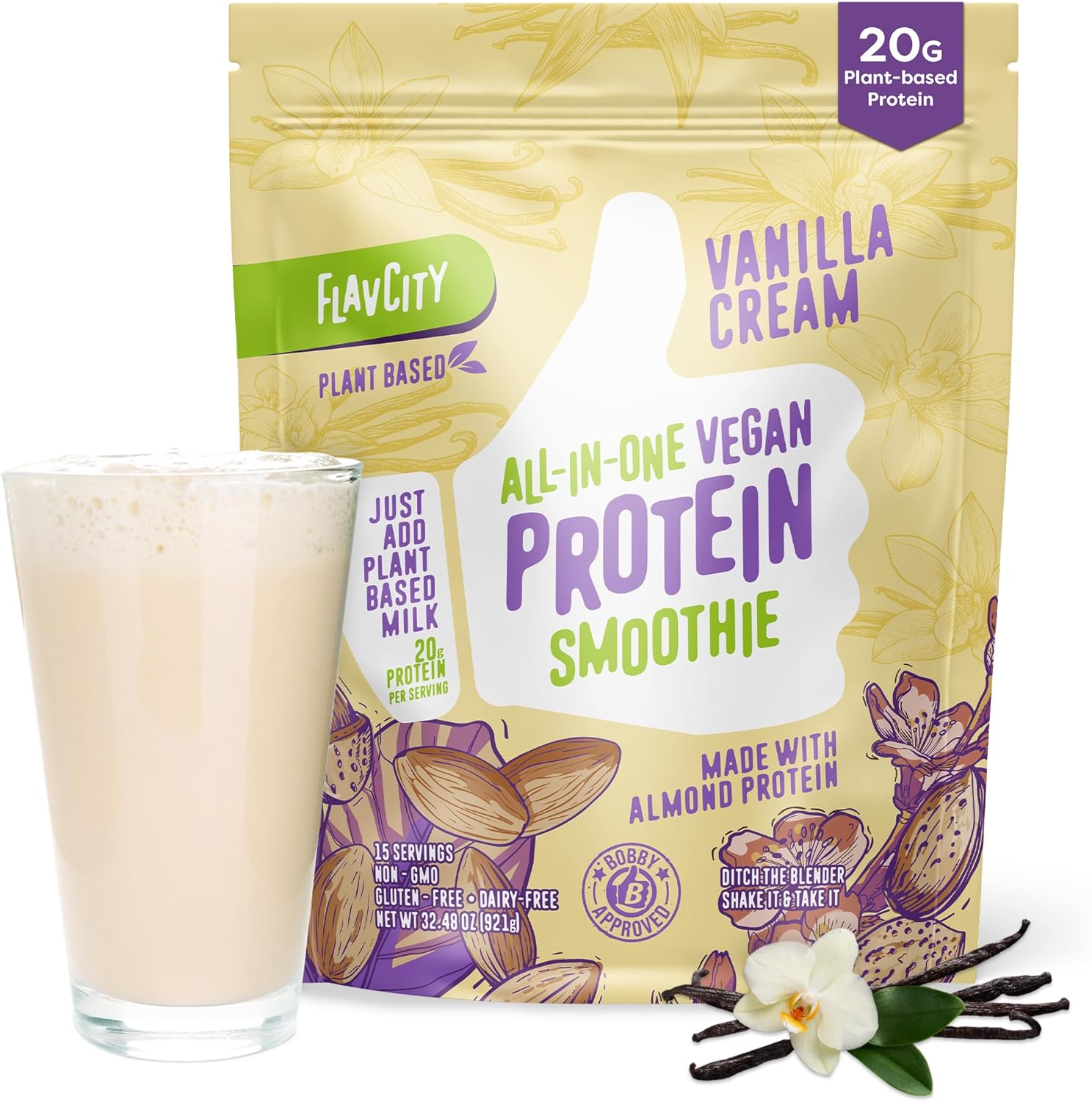 Vanilla Vegan Protein Powder Smoothie with 20g Almond Protein - Gluten-Free & Dairy-Free Meal Replacement Shake for Women & Men