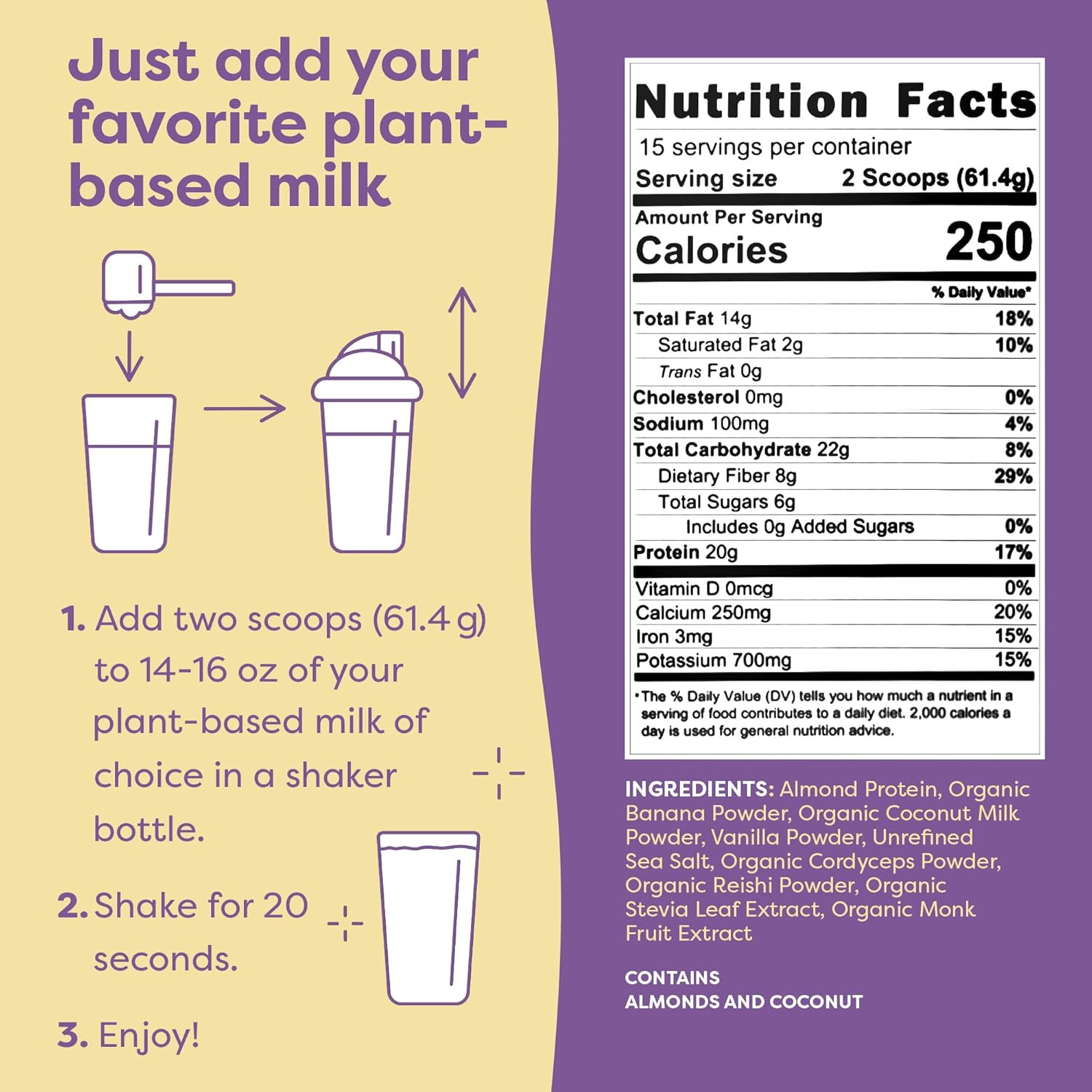 Vanilla Vegan Protein Powder Smoothie with 20g Almond Protein - Gluten-Free & Dairy-Free Meal Replacement Shake for Women & Men