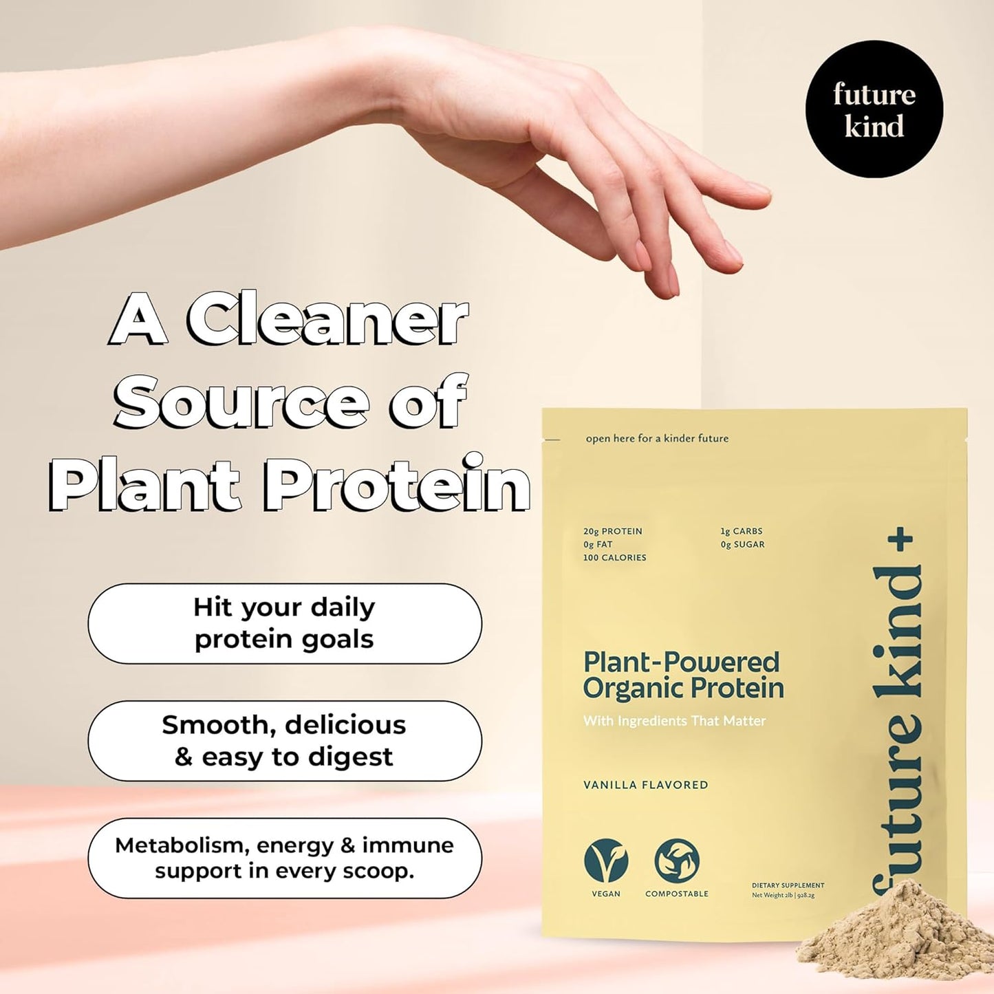 Vanilla Vegan Protein Powder with Pea Plant Protein, Iron & Fiber - Whey-Free, Sugar-Free, Soy-Free - Non-Dairy Supplement for Lean Muscle (34 Servings)