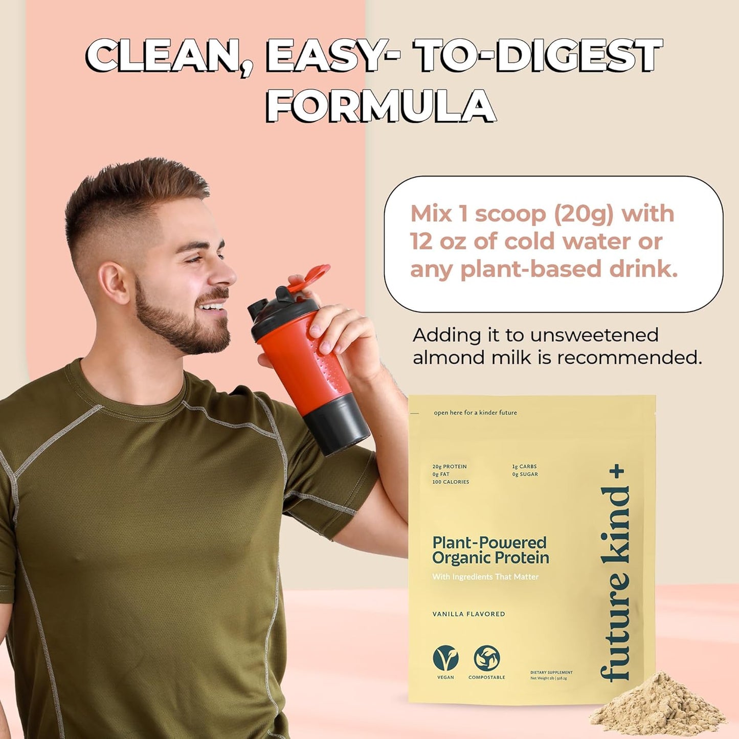 Vanilla Vegan Protein Powder with Pea Plant Protein, Iron & Fiber - Whey-Free, Sugar-Free, Soy-Free - Non-Dairy Supplement for Lean Muscle (34 Servings)