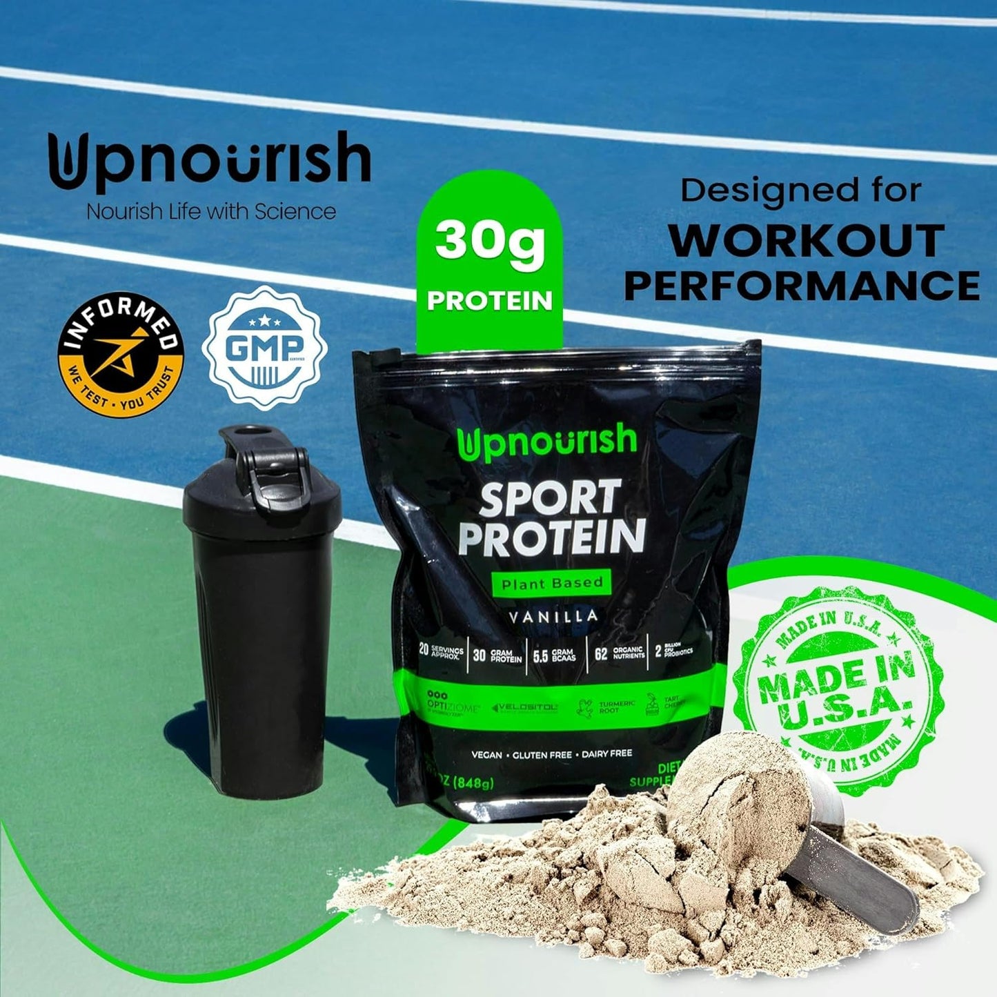 Vanilla Vegan Sport Protein Powder with VELOSITOL, BCAAs, Organic Greens & Fruits, Probiotics - 30g Plant Based Protein for Post Workout Recovery - Keto Certified - 20 Servings