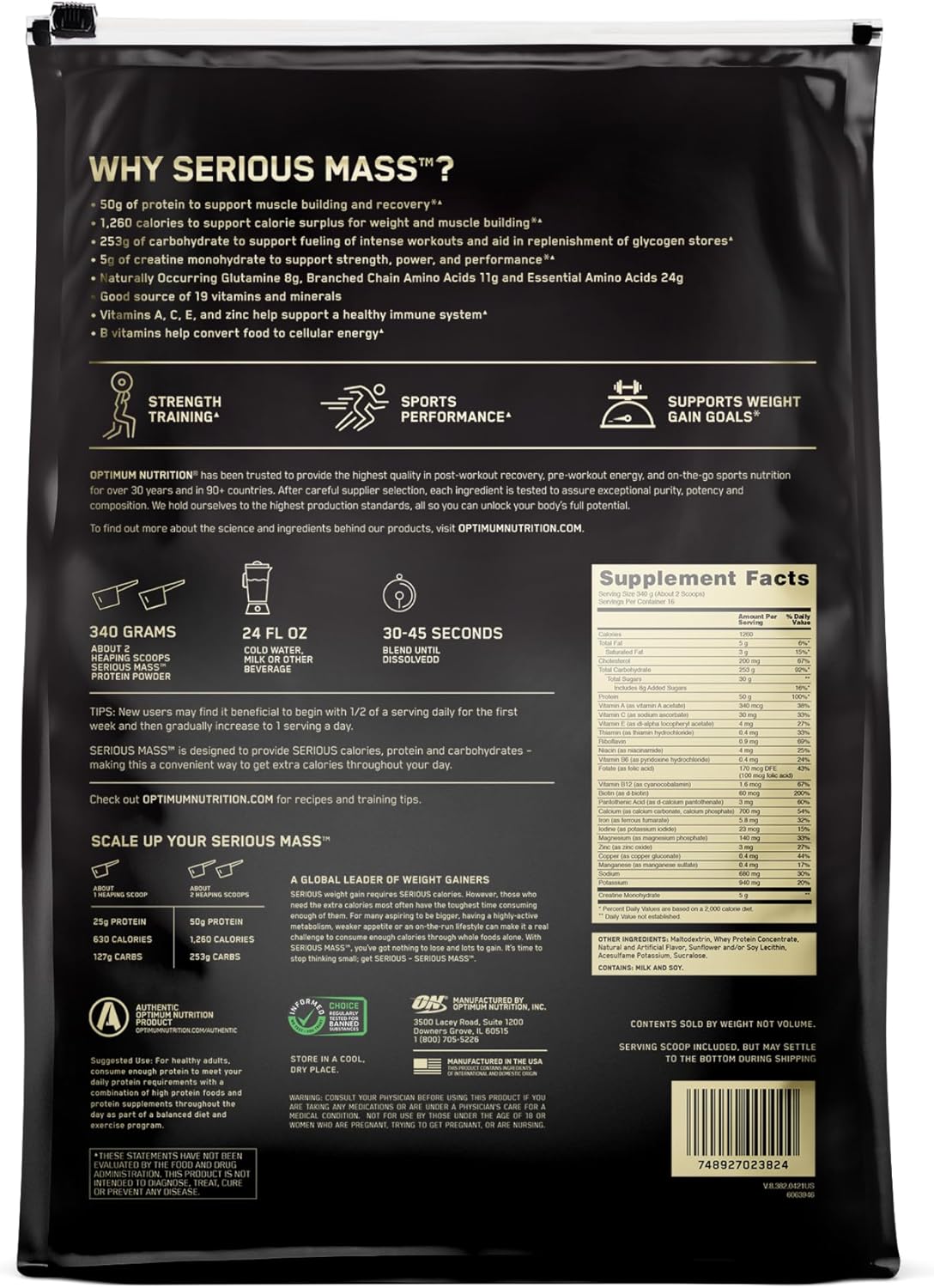 Vanilla Weight Gainer Protein Powder with Immune Support, 12 lb - Optimum Nutrition Serious Mass, Vitamin C and Zinc